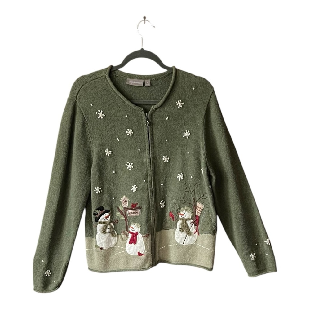 Wool/angora blend Snowman Embroidered zip front sweater cardigan. Sz. PL.